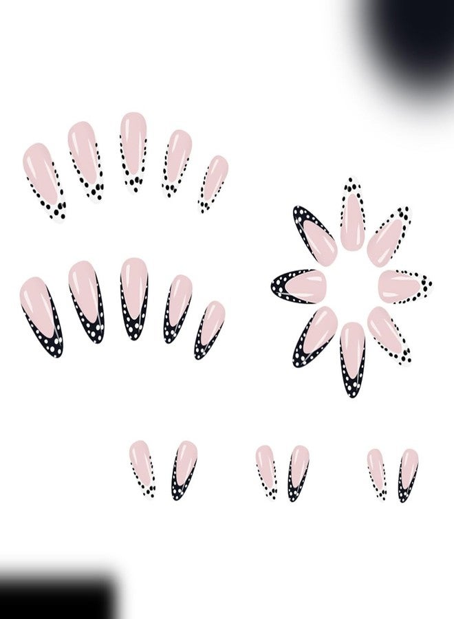 OSTTMA 24Pcs Polka Dot Press on Nails French Tip Fake Nails Medium Almond False Nail with Designs Black White Polka Dots Acrylic Nail Kit Full Cover Stick on Nails for Women Manicure Decoration - Image 5